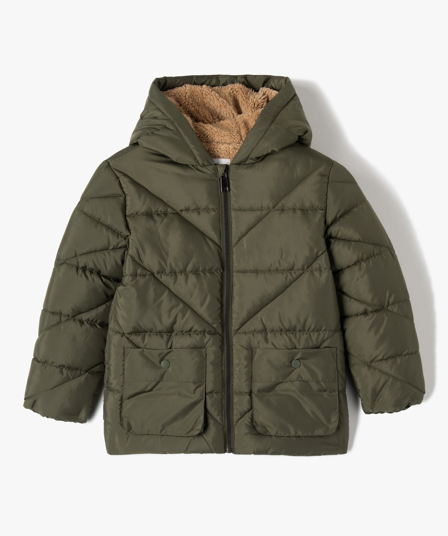 Blouson Garçon matelassé à capuche en matière déperlante kaki | GEMO