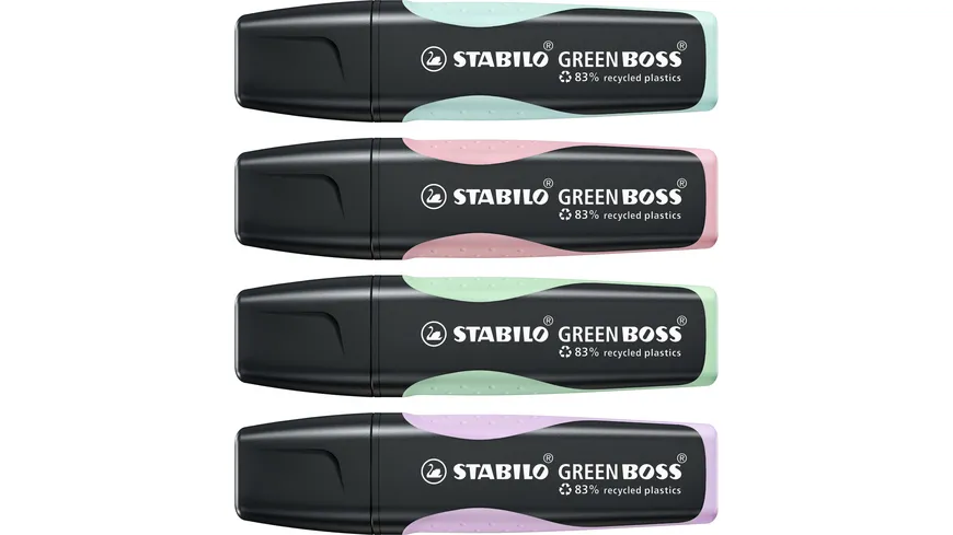 STABILO® GREEN BOSS Textmarker Pastel - 4er Pack - Hauch von Minzgrün, rosiges Rouge, zartes Türkis und Schimmer von Lila sortiert