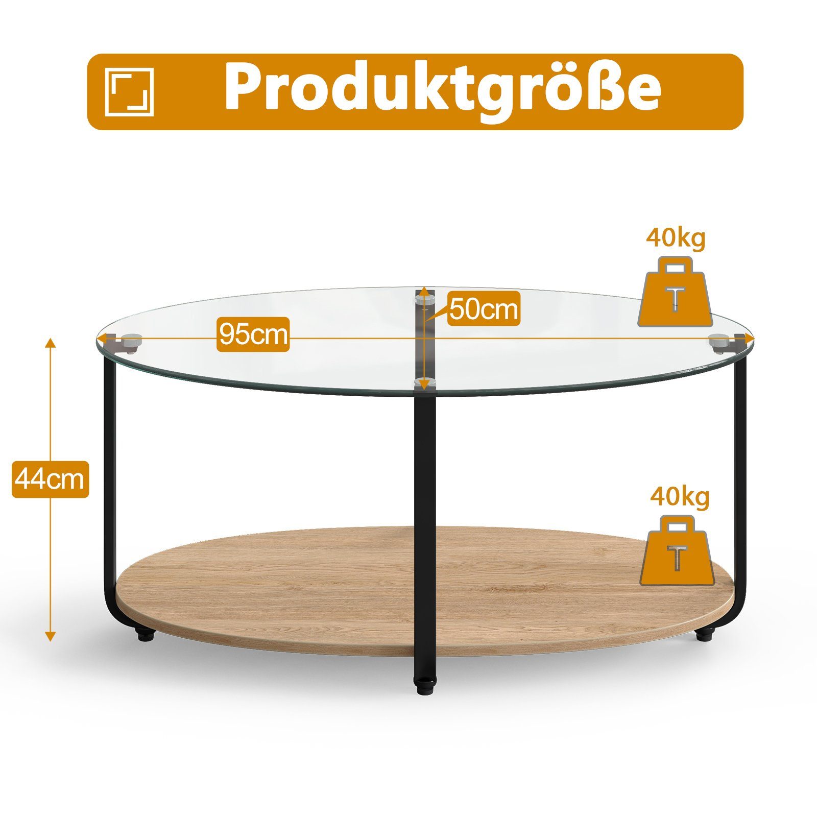 COSTWAY Couchtisch, Glas 2 Ebene mit Stauraum, Metallrahmen, oval, 95x50x44cm