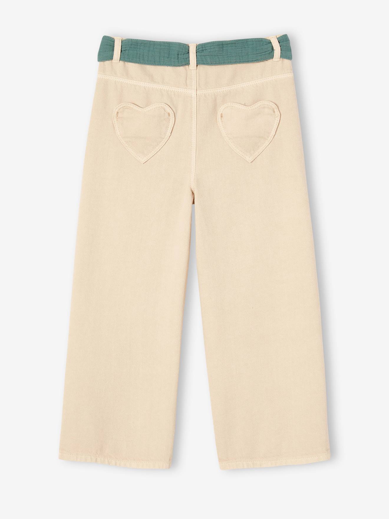 Pantalon évasé fille avec ceinture en gaze de coton écru