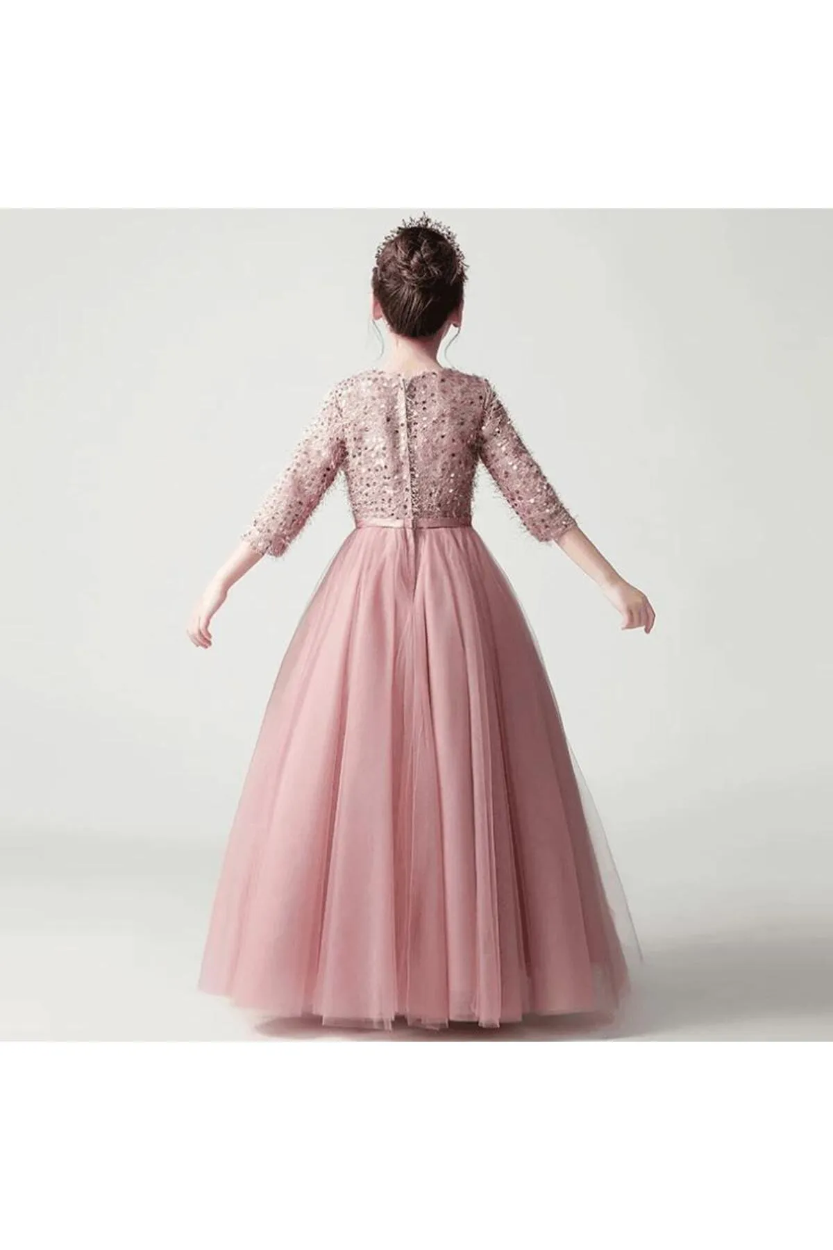Mashotrend  Bled Abendkleid für Mädchen mit Pailletten und Fransen – Tarlatan Kinder-Abendkleid Langarm-Abendkleid für Mädchen