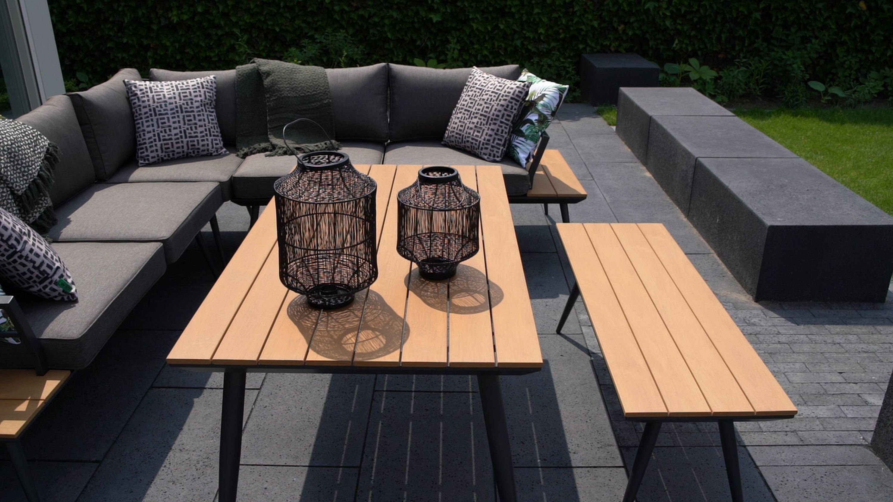 GMD Living Eckbankgruppe AREZZO, (Eckbank Essgruppe, 5-tlg., bestehend aus 2 Sofas, 1 Eckteil, 1 Tisch & 1 Bank inkl. Polsterkissen), Tischplatte im Teaklook, Wetterfest
