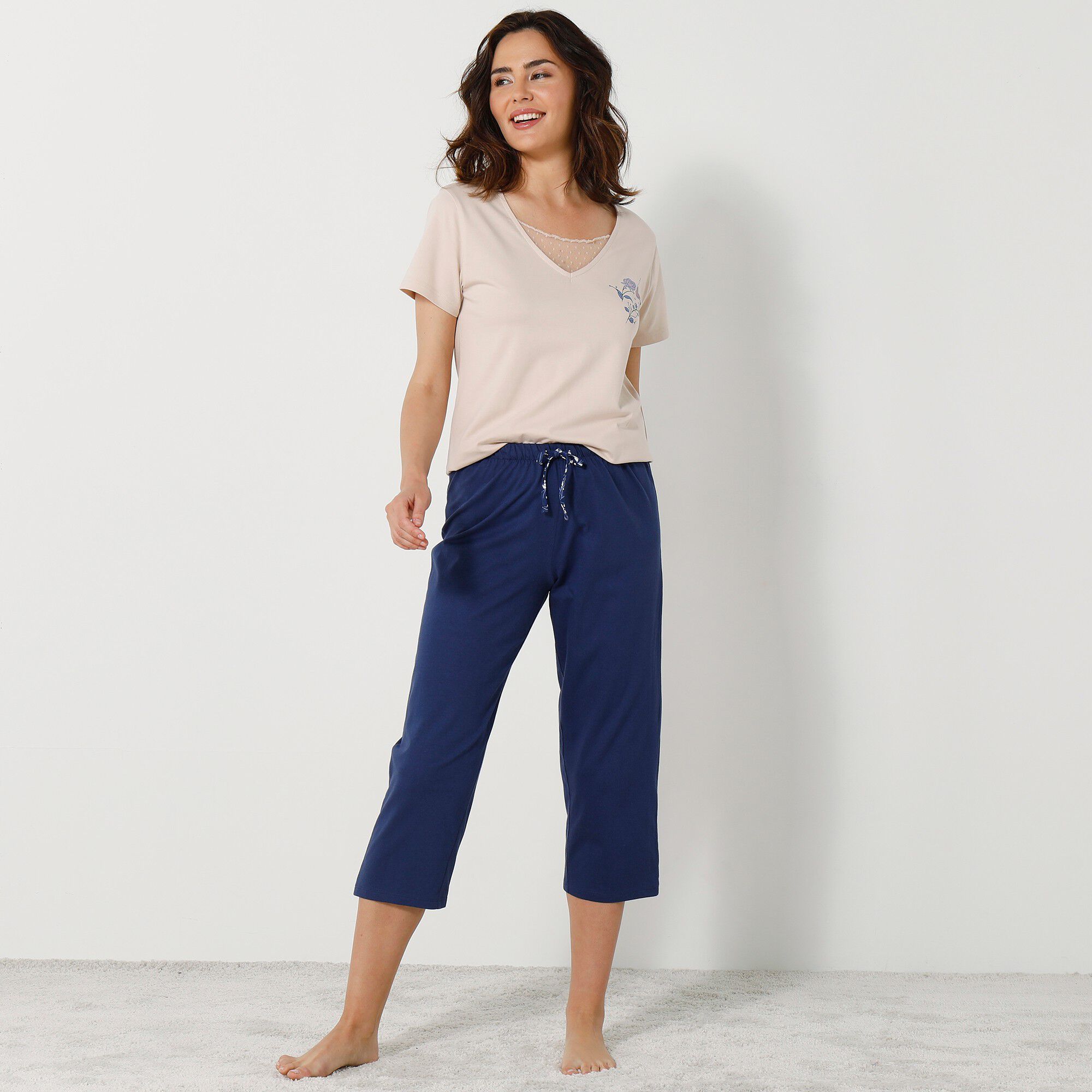 Pantacourt pyjama coton uni avec noeud imprimé floral