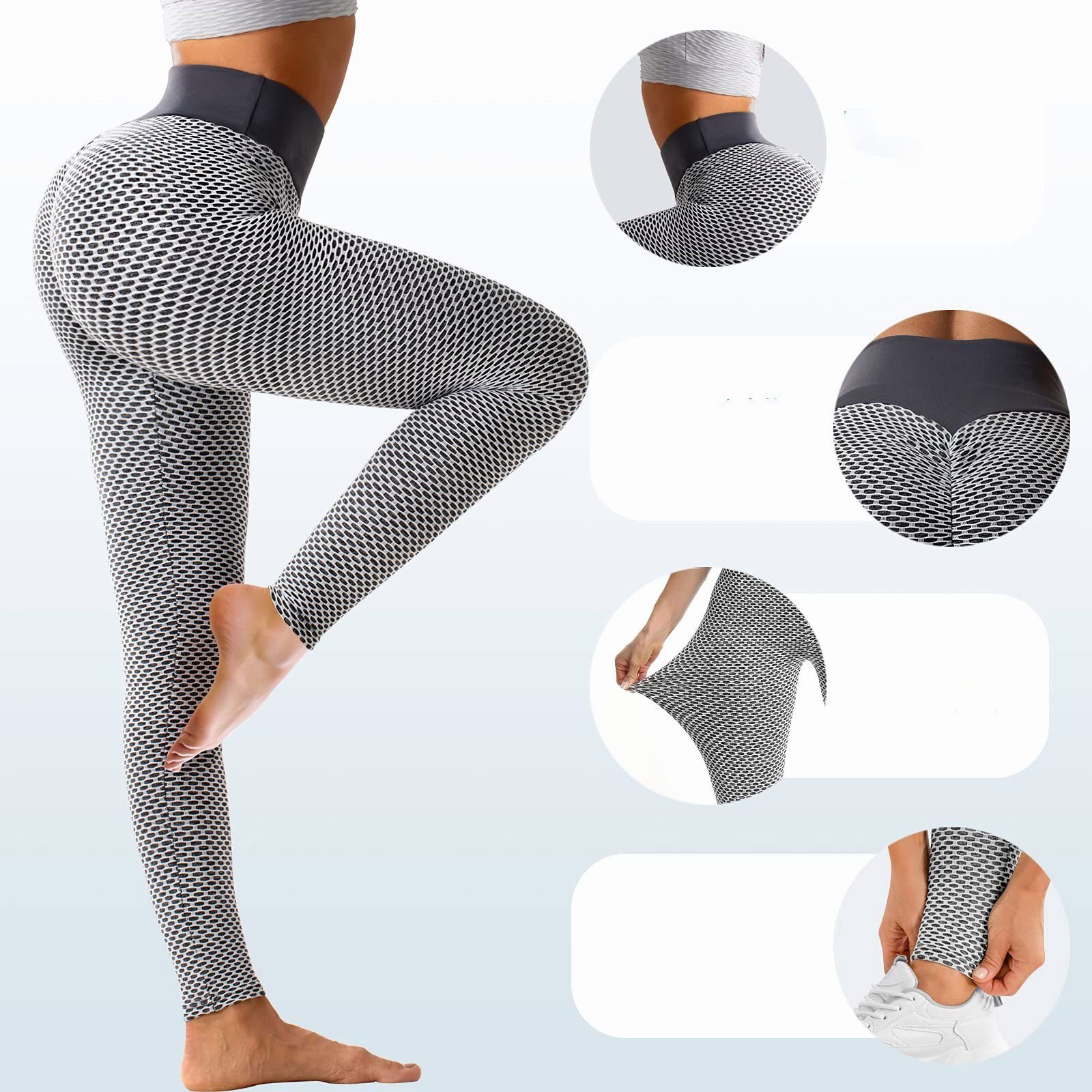Mutoy Yogahose Leggings, High Waist Push Up Leggings mit Bauchkontrolle, (Lange Sporthose Fitnesshose Yoga Leggings für Damen Mädchen,Wabendesign)