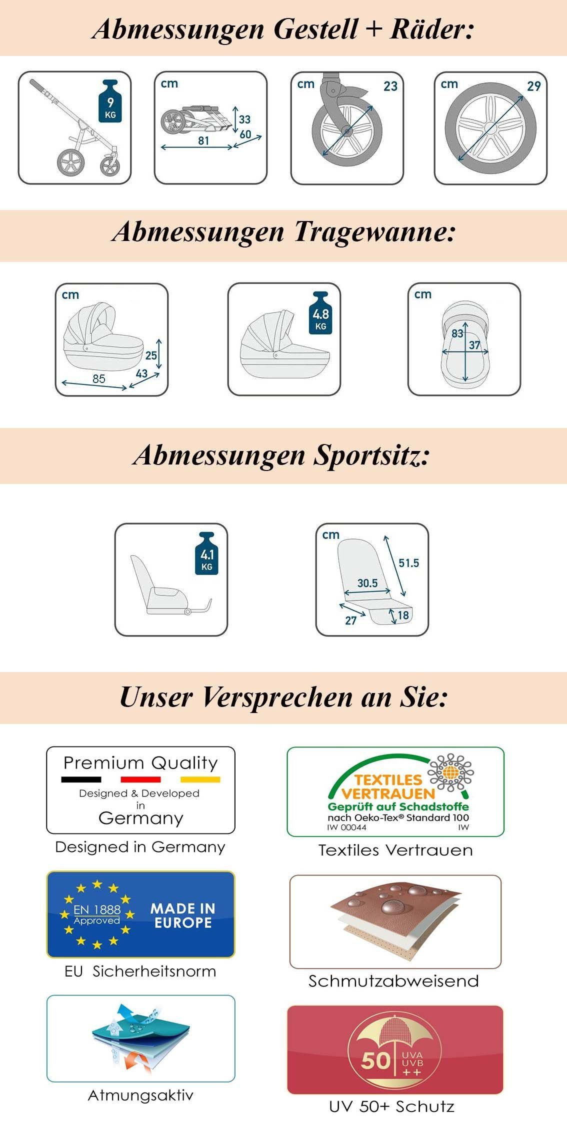 babies-on-wheels Kombi-Kinderwagen 3 in 1 Kinderwagen-Set Cosmo ECO - 16 Teile - in 29 Farben