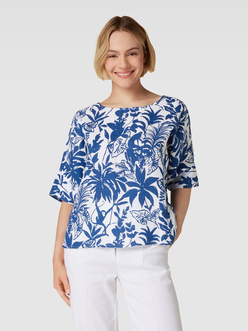 Blusenshirt aus Leinen mit Allover-Motiv-Print in marineblau