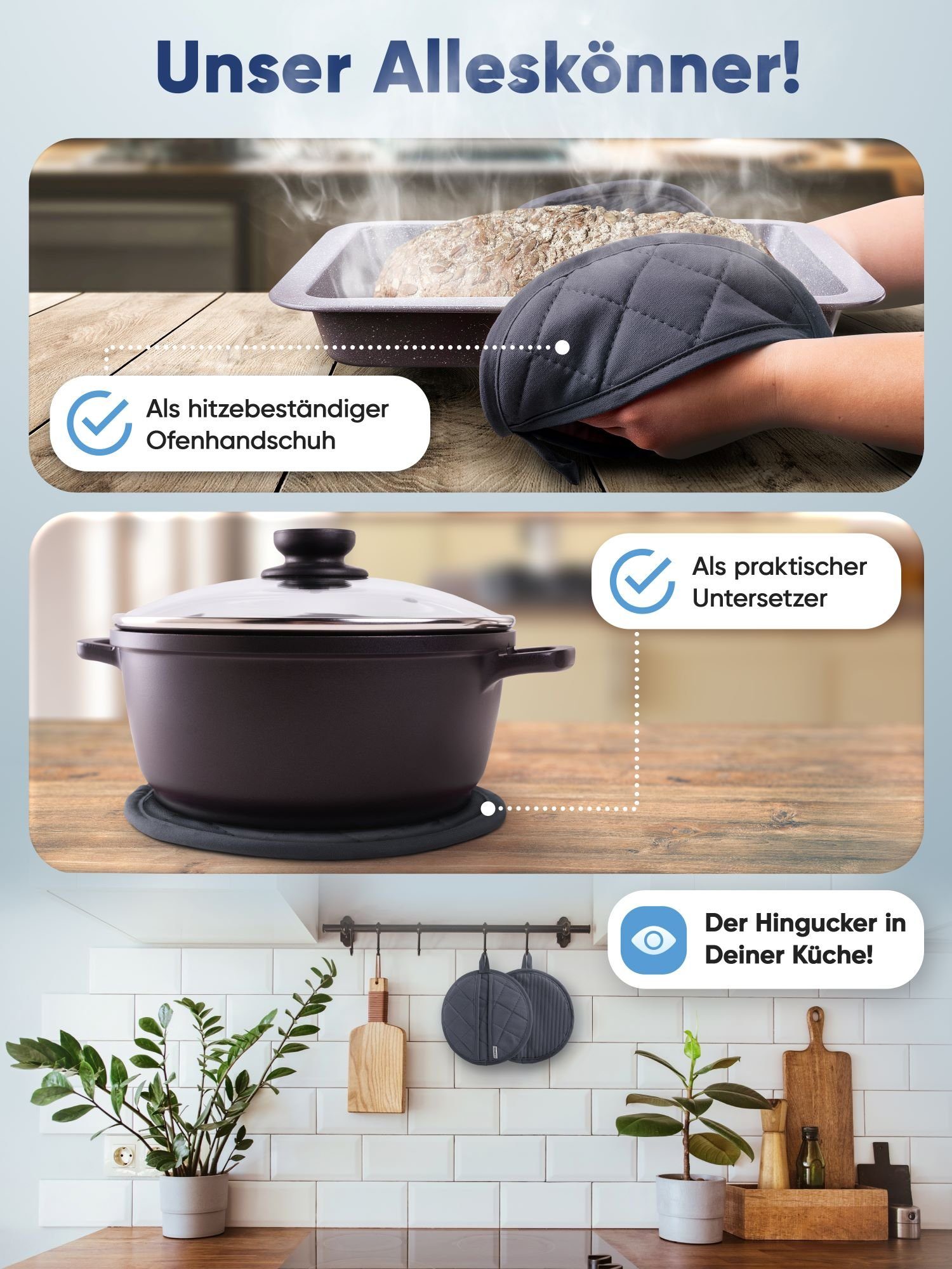 Wohnheld Topflappen WOHNHELD® Topflappen & Ofenhandschuhe 2er Set hitzebeständig 250° C, (Rund, bestehend aus 2x Ofenhandschuh), hitzebeständig, perfekter Schutz