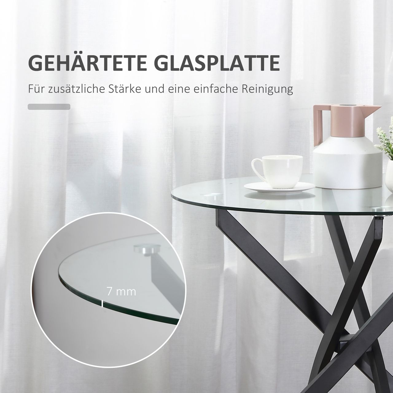 HOMCOM Beistelltisch mit Sicherheitsglas runder Couchtisch Kaffeetisch Glastisch für Wohnzimmer Schlafzimmer Metall Schwarz 80 x 80 x 75 cm