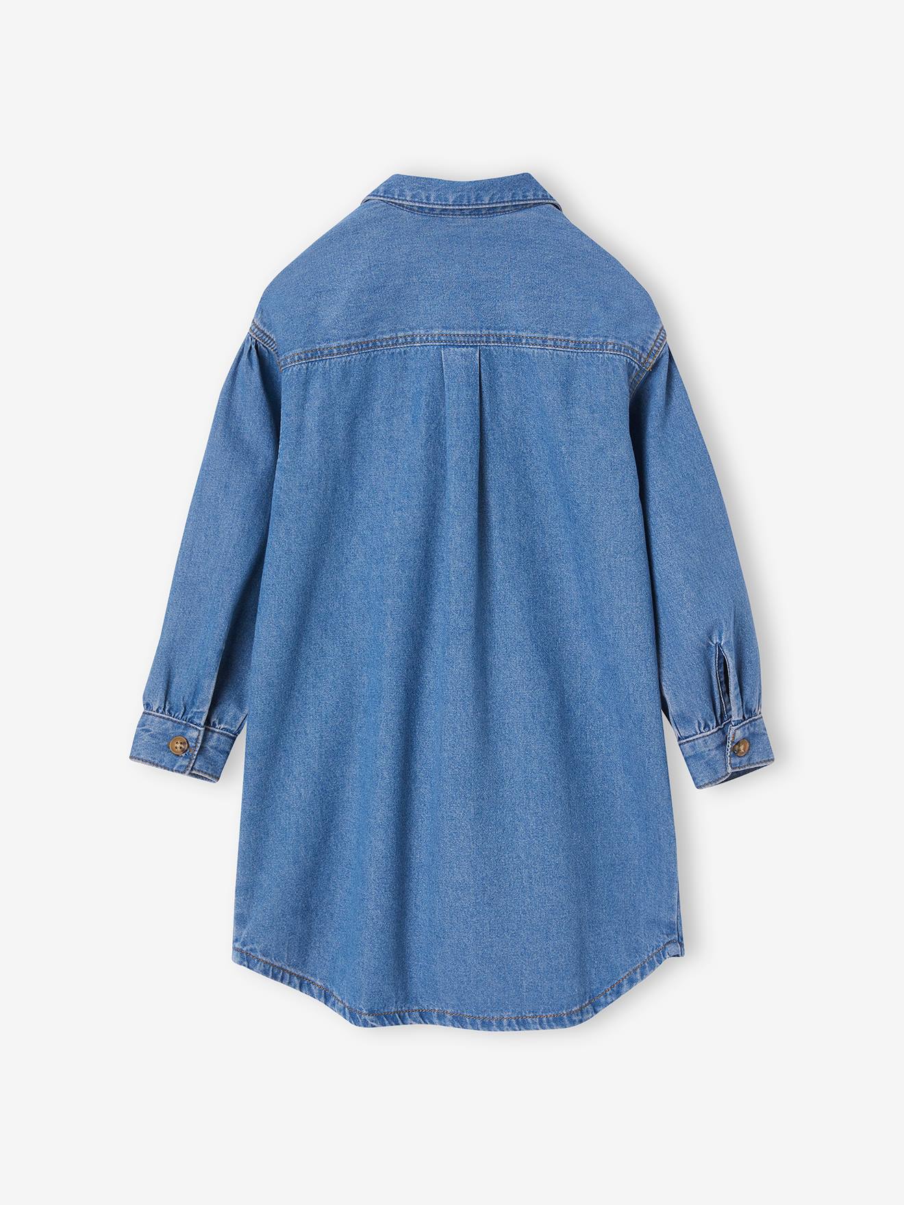 Robe chemise en denim fille animée d'une broderie fleur stone