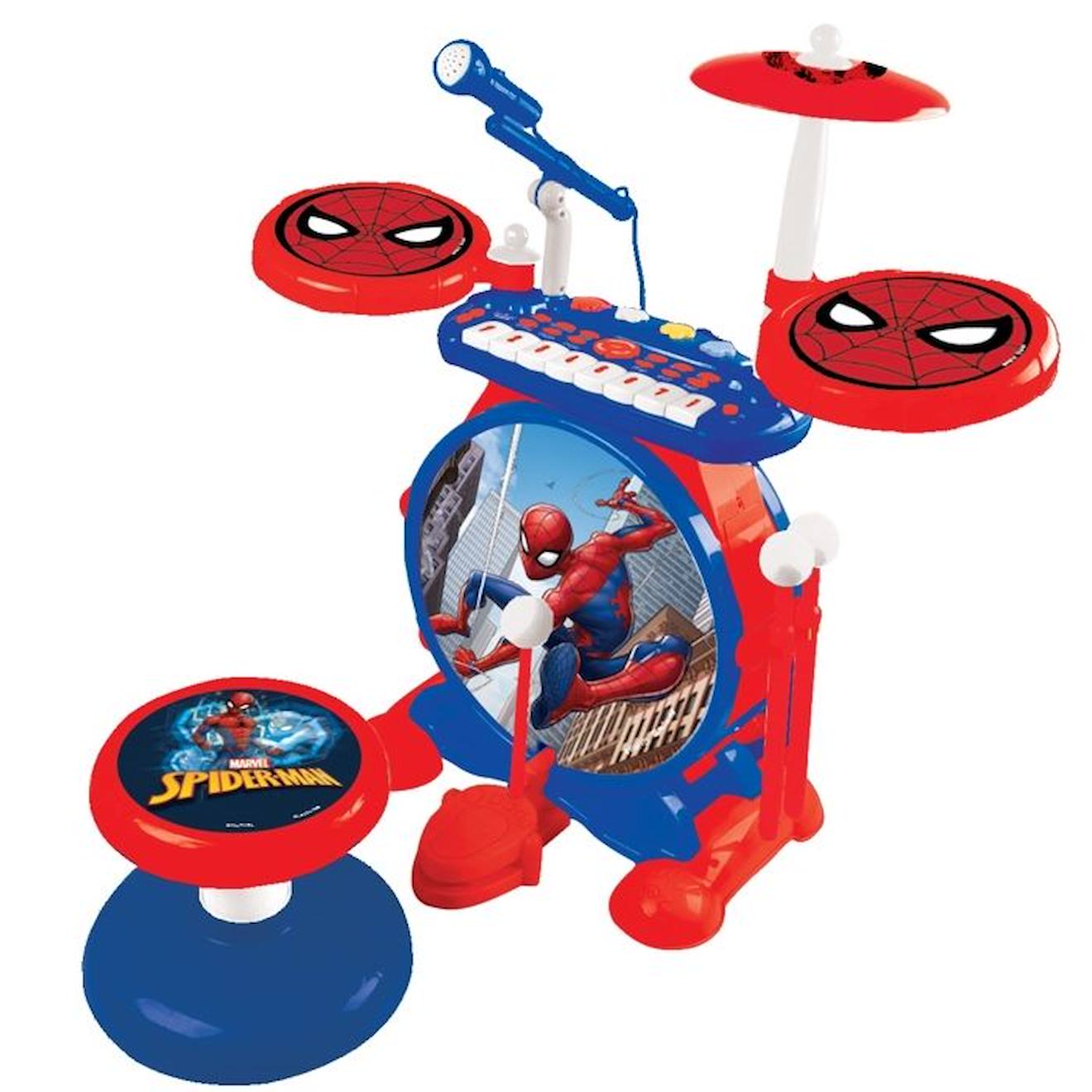 Batterie Electronique SpiderMan Lumineuse Complète avec clavier, cymbales et tabouret Spider-Man rouge