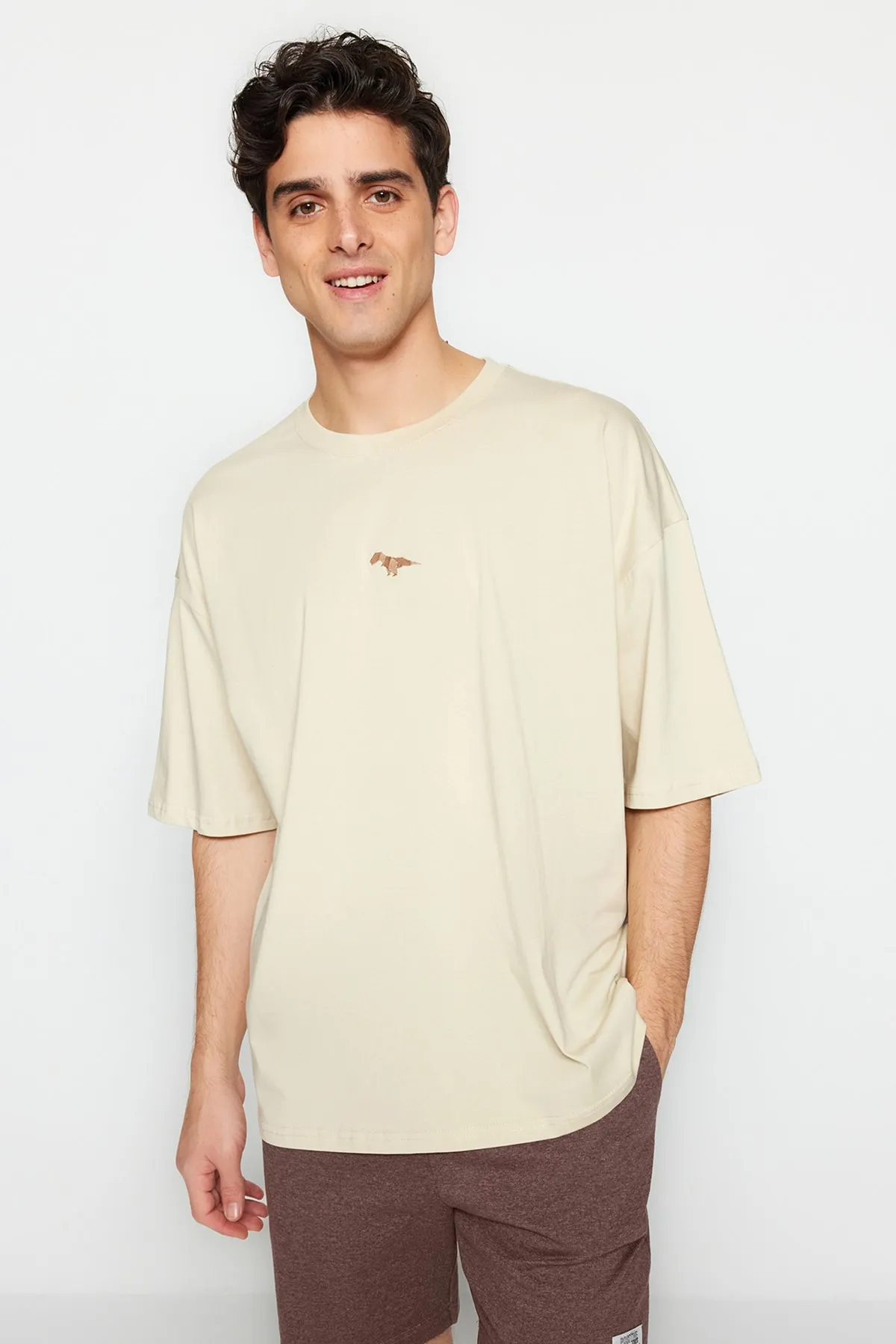 Trendyol Collection  Stone Oversize Fit Rundhals-Kurzarm-T-Shirt mit Dinosaurier-Stickerei TMNSS23TS00243