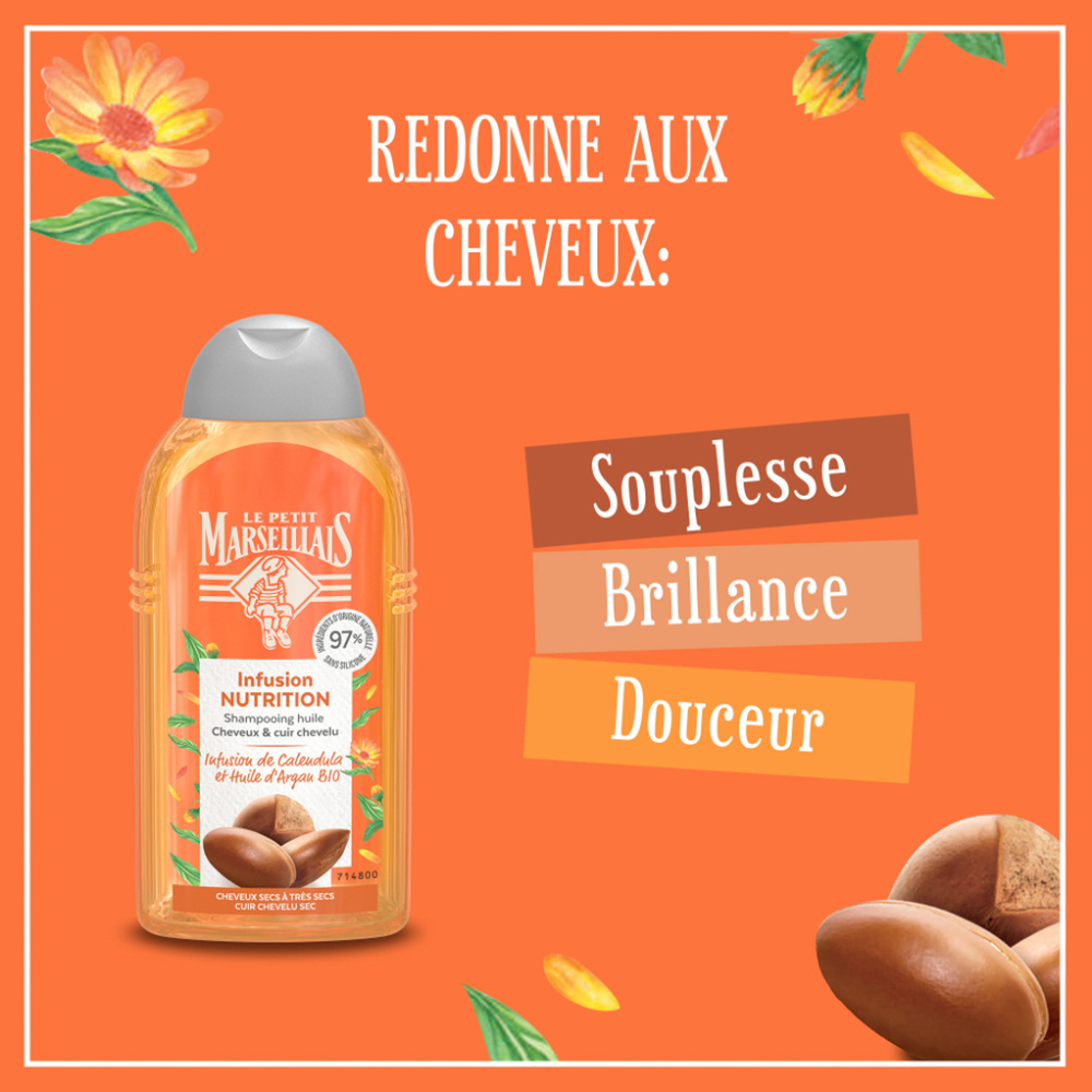 le petit marseillais Shampooing Infusion Nutrition Calendulaet Argan Bio - Le flacon de 250ml Shampoing