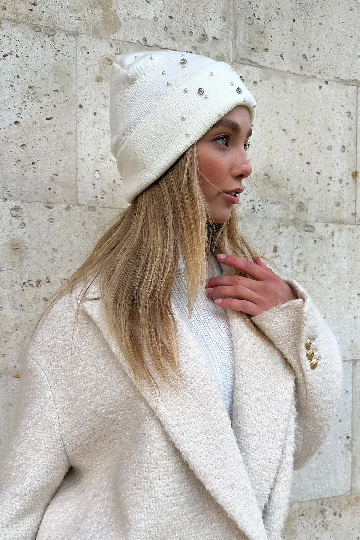 Trend Alaçatı Stili  Ecru Stone bestickte Baskenmütze für Damen ALC-X11286