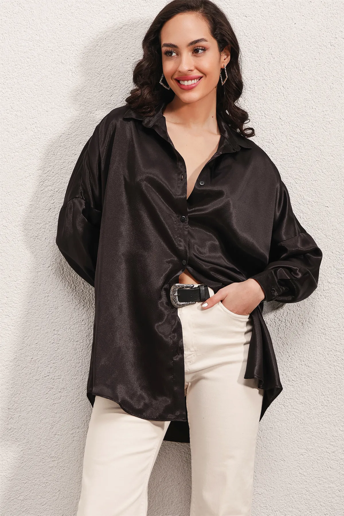 Bigdart  3985 Oversize-Satinhemd – Schwarz
