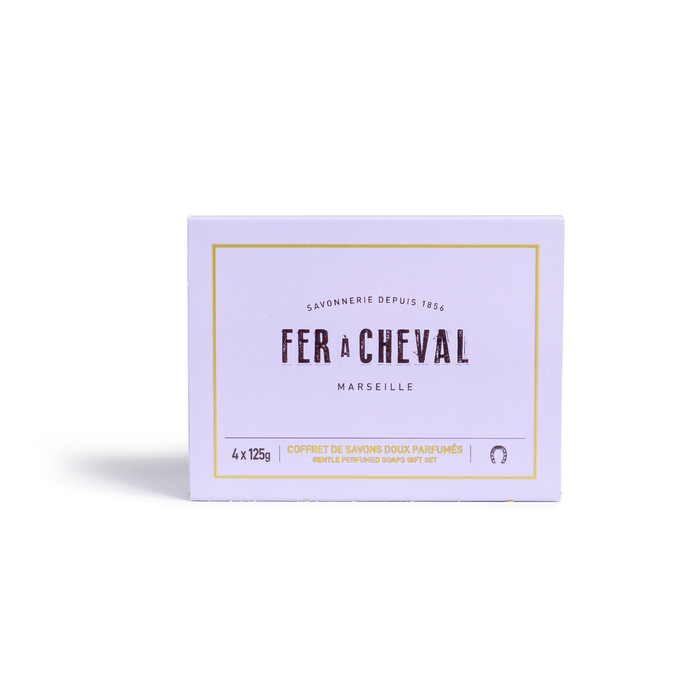 fer à cheval 4 SAVONS DOUX PARFUME 125G - PETALES DEROSE LAVANDE MIEL&AMANDE THE BLANC&YUZU Savon Solide