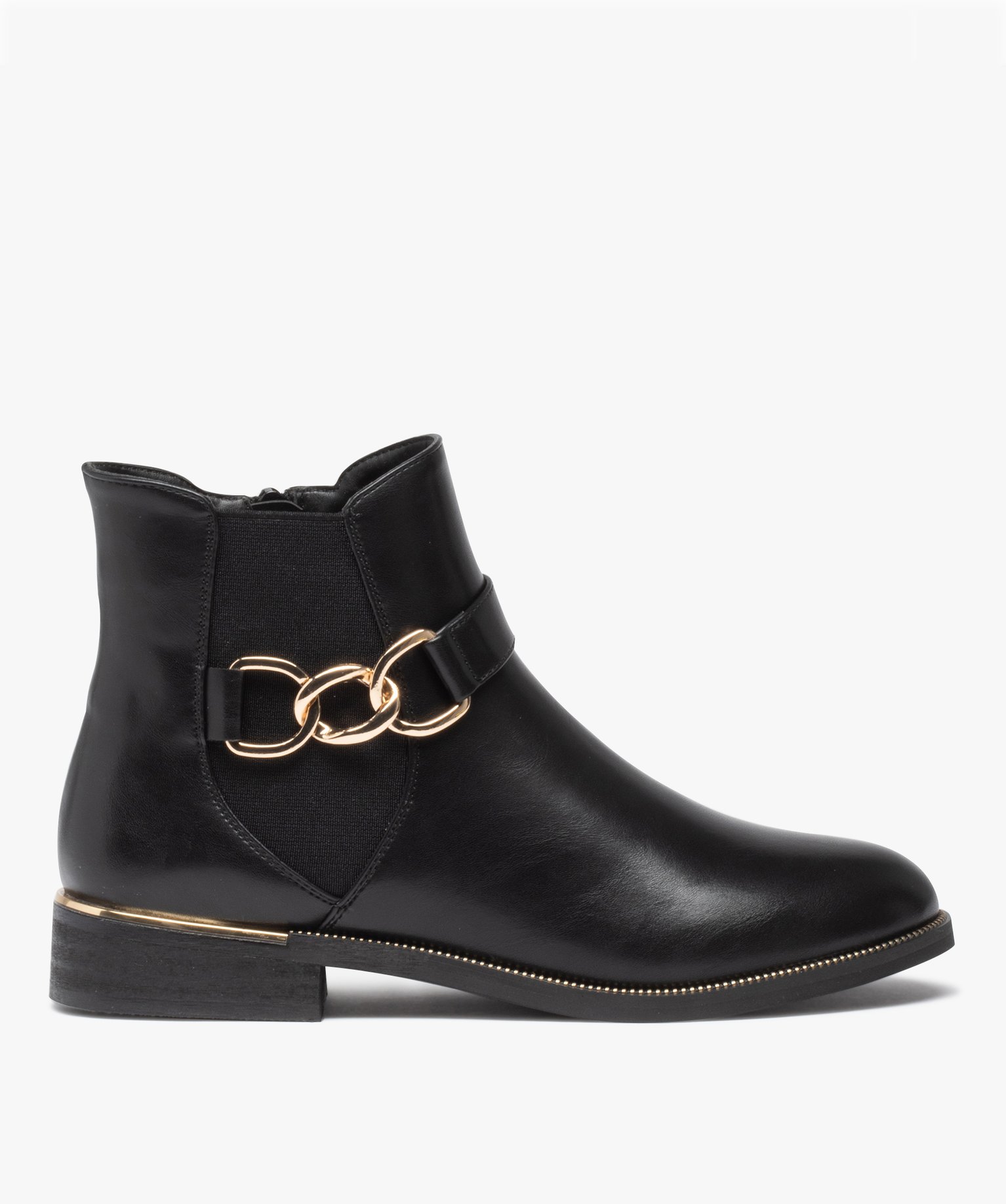 Boots femme unies à talon plat et chaine métallique noir | GEMO