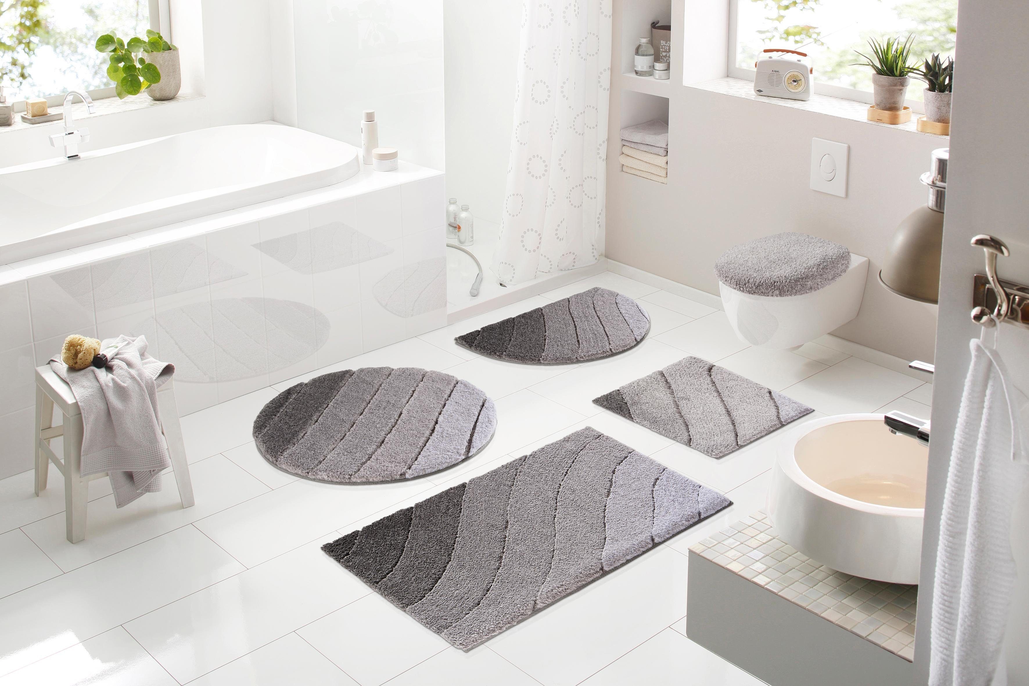 Badematte Donna Kleine Wolke, Höhe 20 mm, rutschhemmend beschichtet, fußbodenheizungsgeeignet, schnell trocknend, Polyester, rechteckig, Wellen Design, Pastell, 3-tlg. Set, rechteckig & rund erhältlich