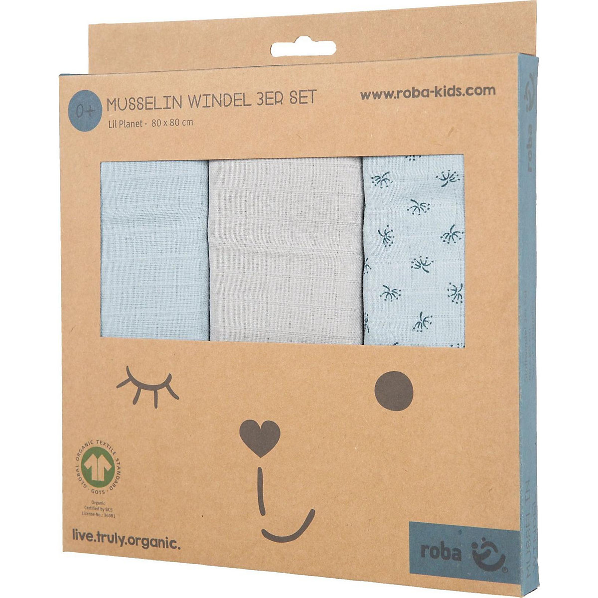 3er Set Windeln Lil Planet hellblau, 80x80 cm