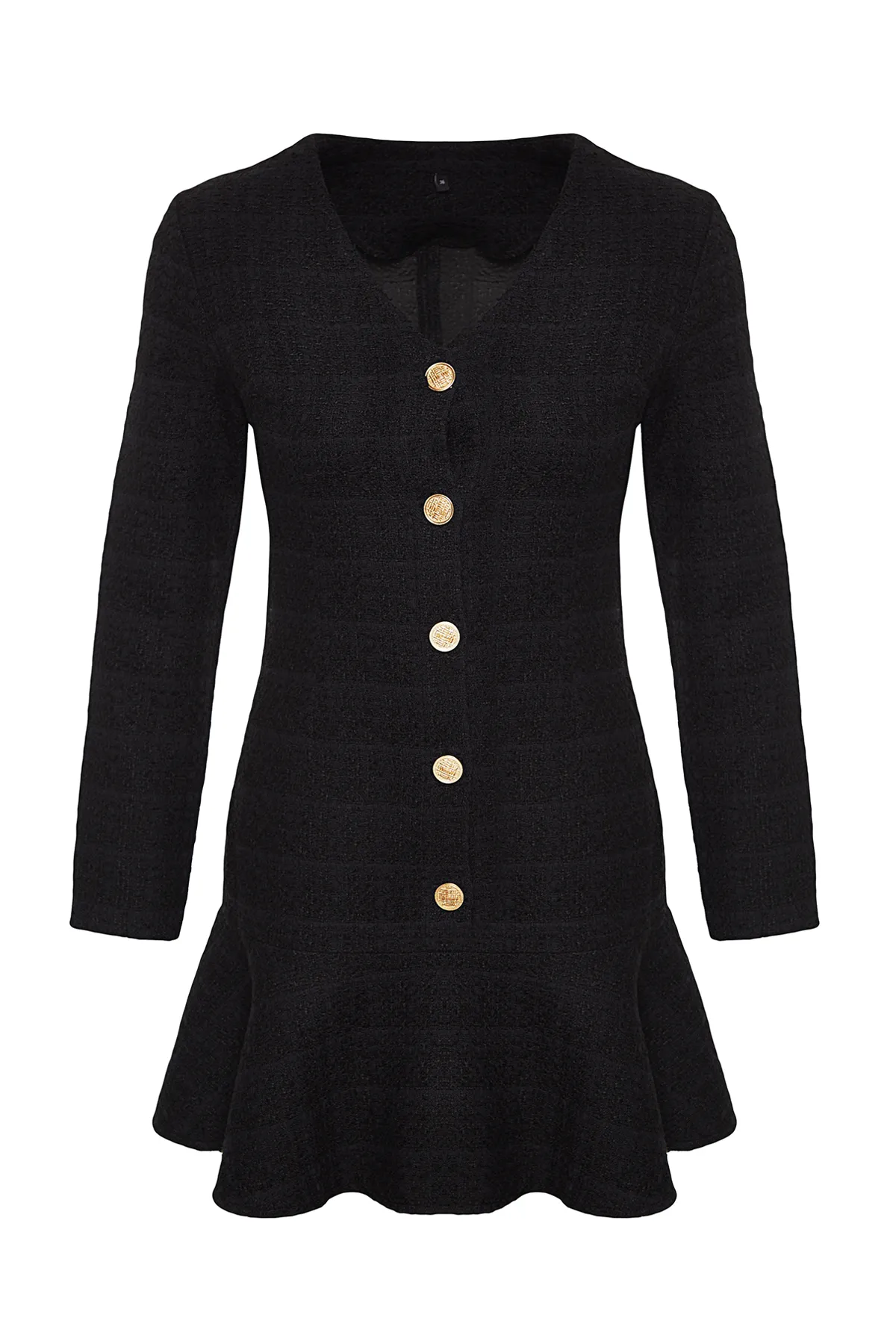 Trendyol Collection  Schwarzer Rock, Volant, Knopfdetail, V-Ausschnitt, Tweed-Webkleid TWOAW24EL00837