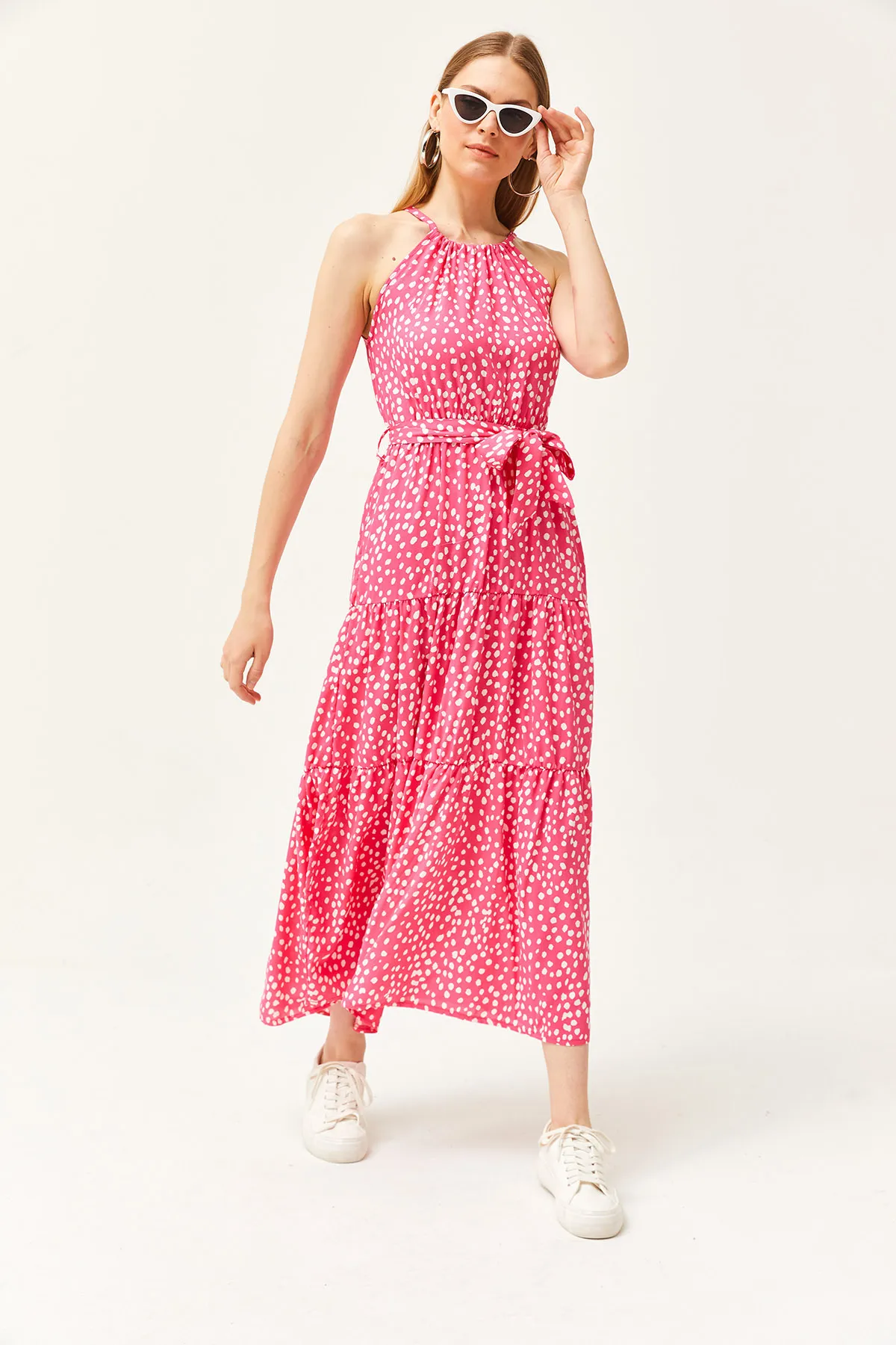Olalook  Damen Polka Dot Fuchsia Neckholder-Kleid aus gewebter Viskose mit Gürtel ELB-19001548