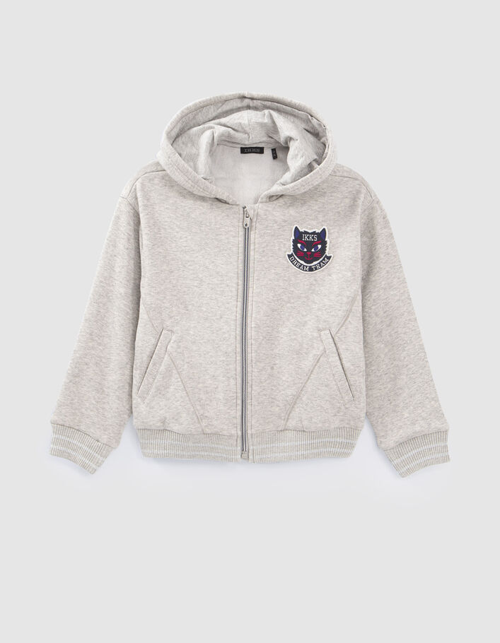 Cardigan zippé gris à capuche et badge chat fille