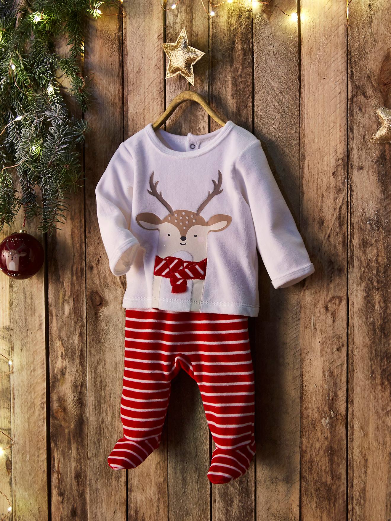 Pyjama 2 pièces en velours bébé Noël ivoire