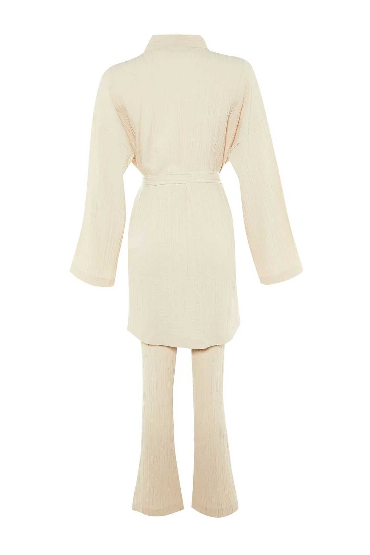 Trendyol Modest  Gewebtes Kimono-Hosen-Set mit Gürtel und Beinschlitz in Stein TCTSS22US00024