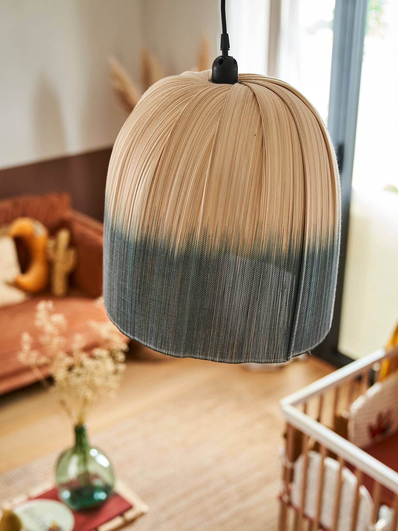 Abat-jour pour suspension en bambou Tie and Dye beige / bleu