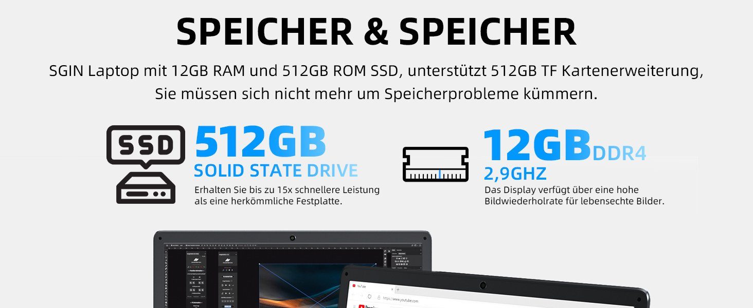 SGIN Notebook (Intel Celeron N5095, UHD Grafik, 512 GB SSD, Full HD Display 12GB Ram vielseitige Anschlüsse, leicht und tragbar)