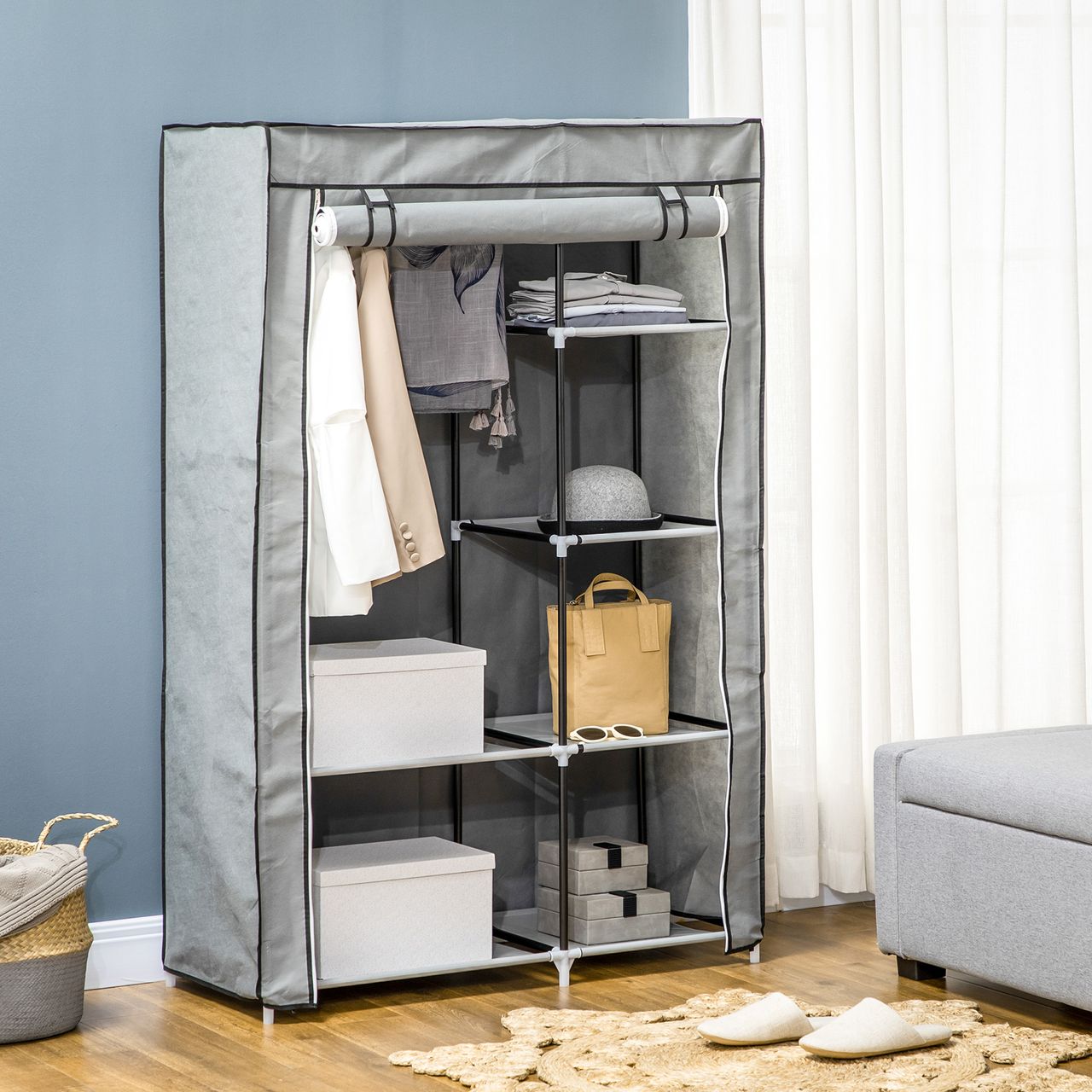HOMCOM Kleiderschrank Stoffschrank mit 2 Kleiderstangen, 6 Fächern, Grau