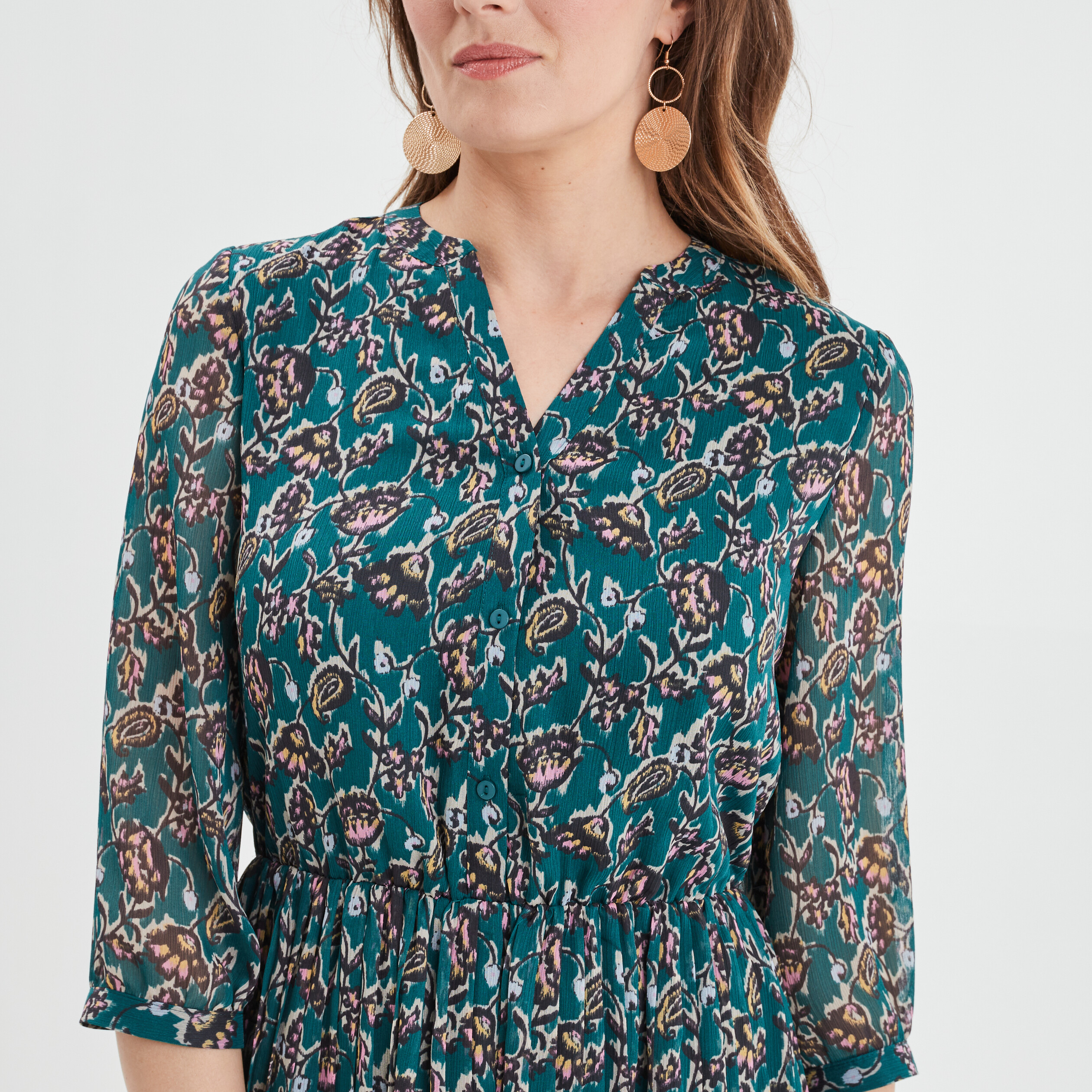 Robe évasée bas plissé manches 3 4 vert foncé femme | La Halle