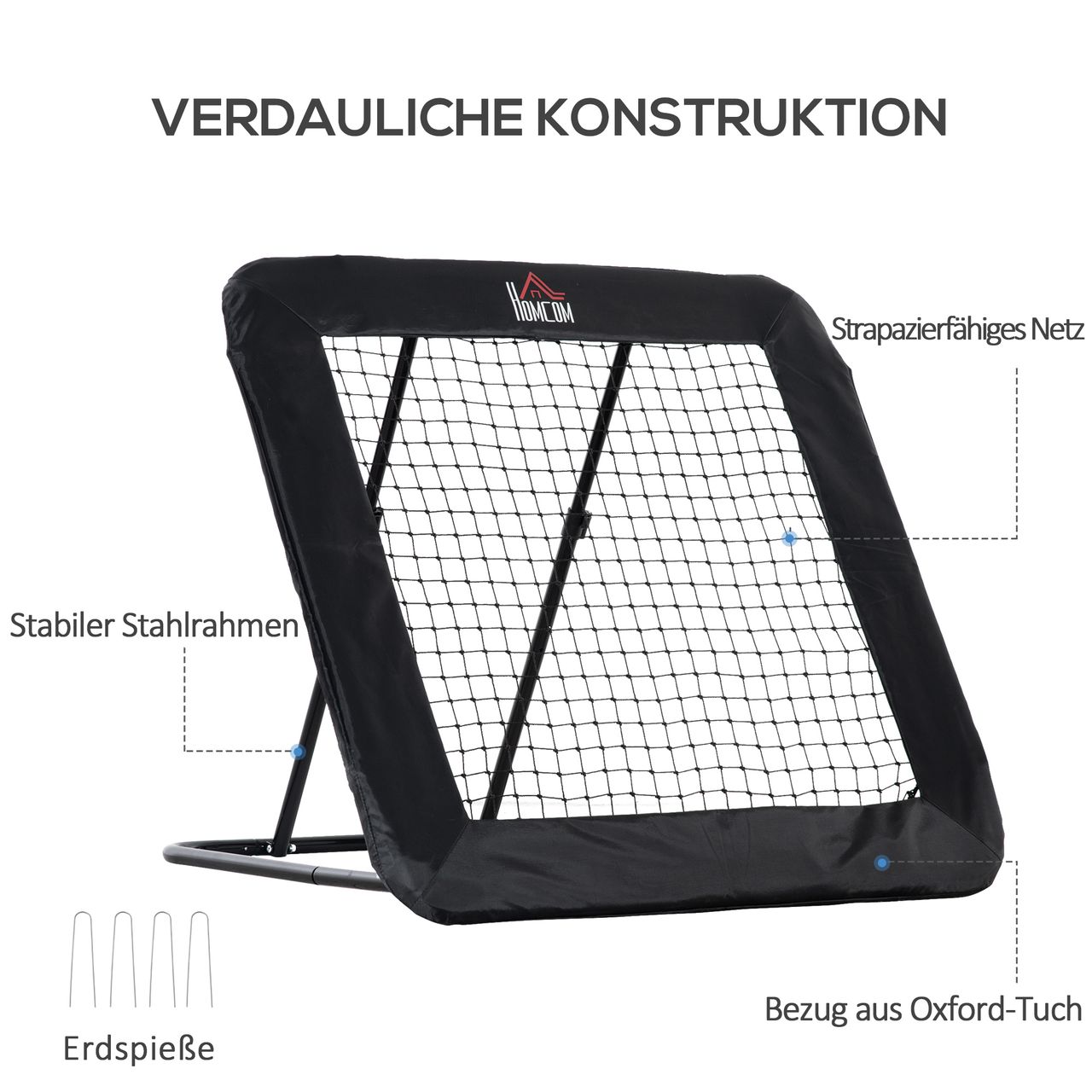 HOMCOM Fußball Rebounder klappbar Kickback Tor Rückprallwand Netz für Baseball Basketball Volleyball Verstellbar in 5 Stufen Stahl Schwarz 128 x 118 x 108-120 cm
