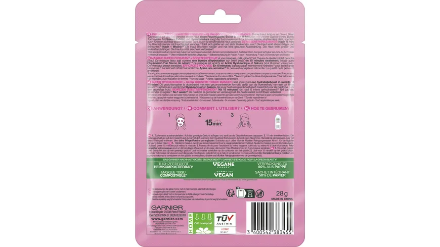 GARNIER Skin Active Hydra Bomb Tuchmaske Sakura - Intensive Pflege für eine strahlende Haut mit Hyaluronsäure