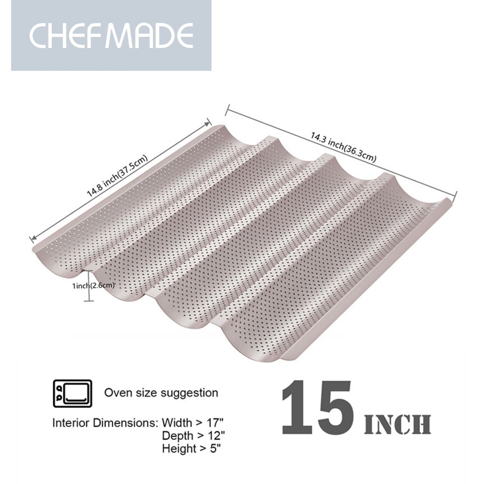 Chefmade Baguetteblech Backblech, Karbonstahl, (CHEFMADE, 4 Mulden Baguetteblech, 375x362x26mm, Champagnergold, antihaft- & silikonbeschichtet, Baguetteform, Ciabatta Backform, Backblech, Brötchenblech, perforiert, Karbonstahl, 1-St., Premium), Brotb
