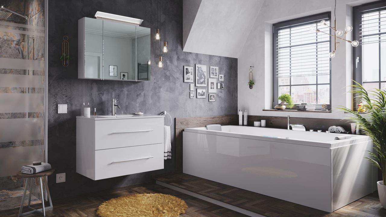 Posseik Badmöbel-Set Homeline 80 (2-teilig) weiß hochglanz inkl. Spiegelschrank mit Design LED-Lampe EEK: F