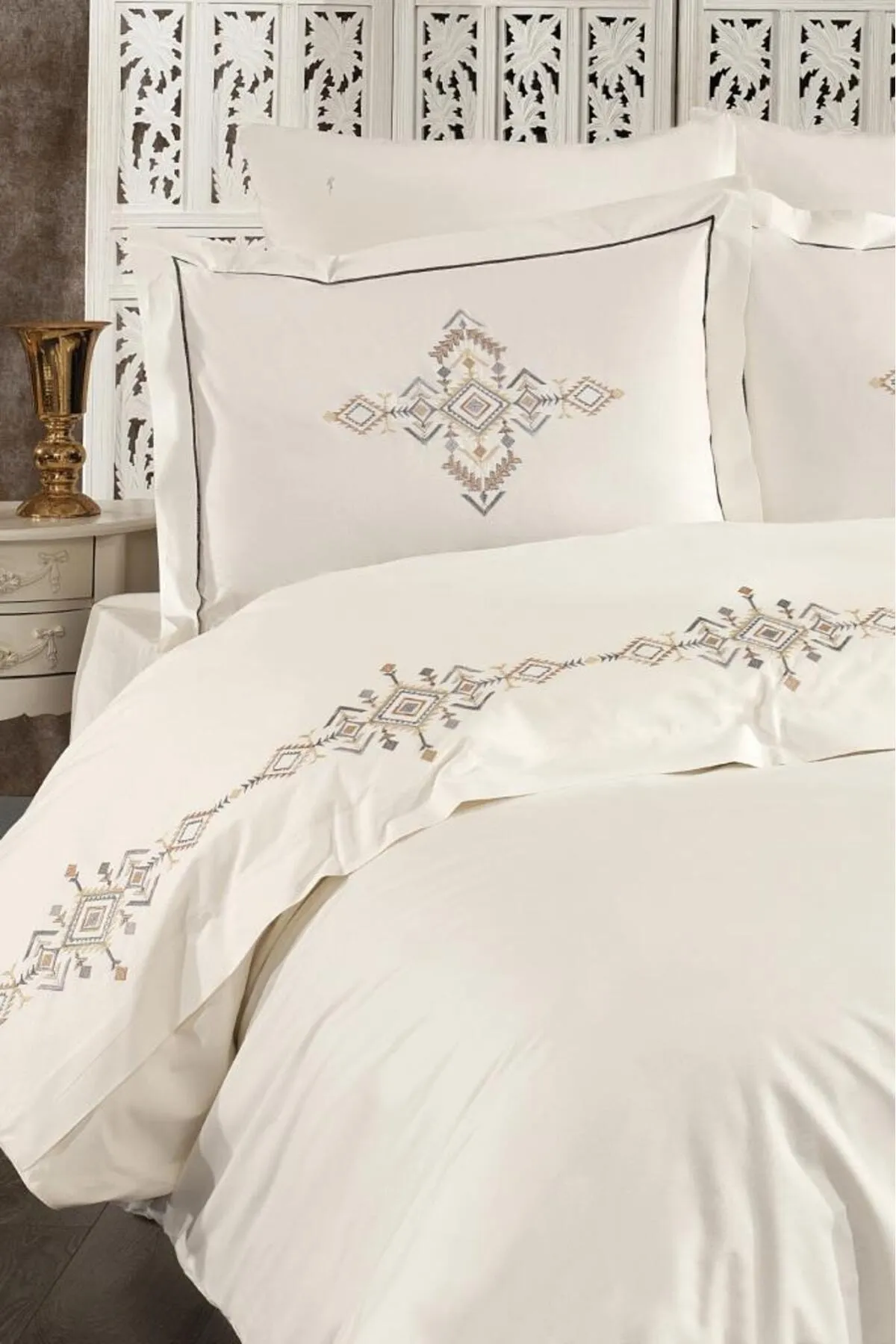 Çeyiz Diyarı  Alya besticktes Doppelbett-Bettbezug-Set, Creme – Grau