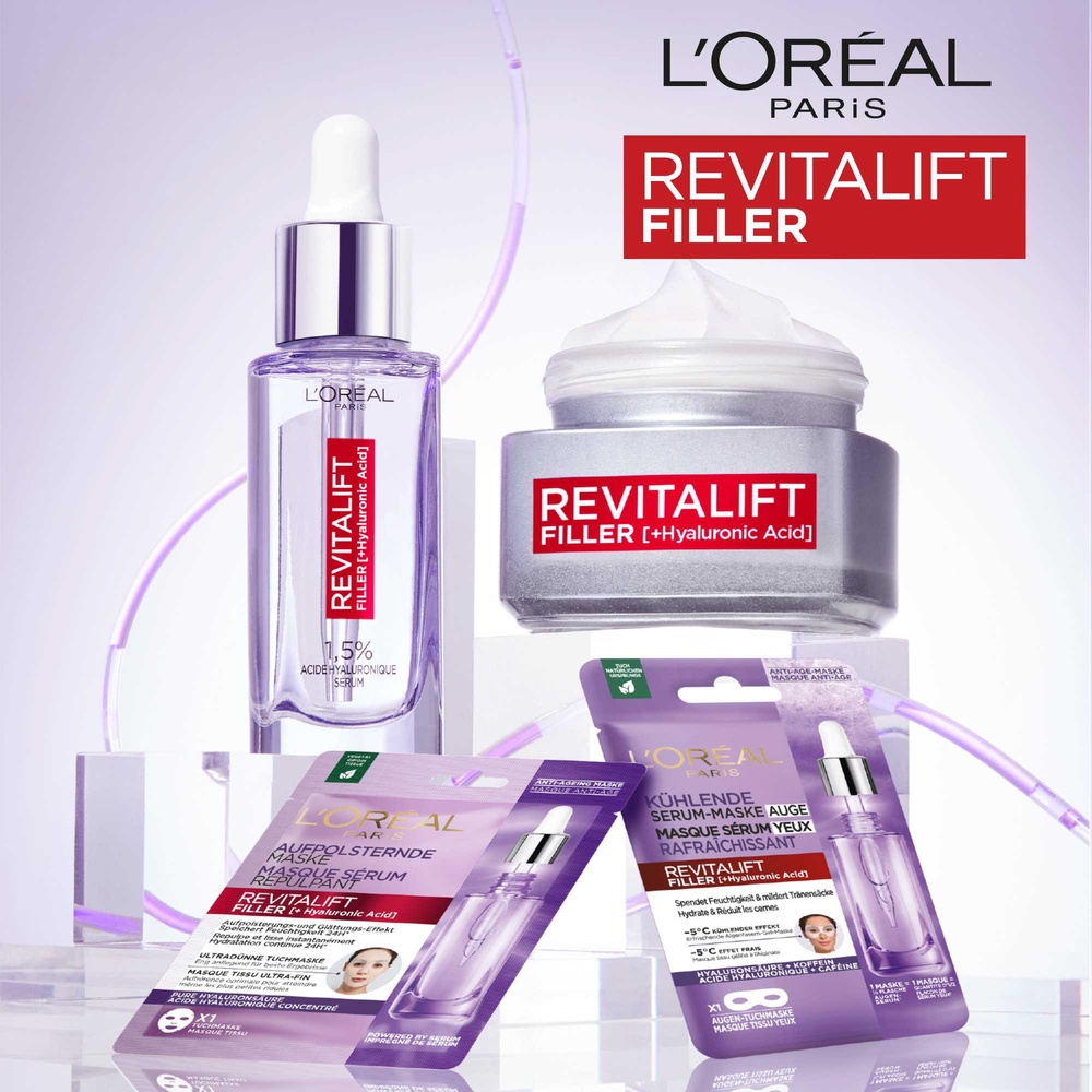 L'Oréal Paris Revitalift Filler Trousse Routine Acide Hyaluronique Pur Sérum, Crème de Jour, 2 Masques Tissu