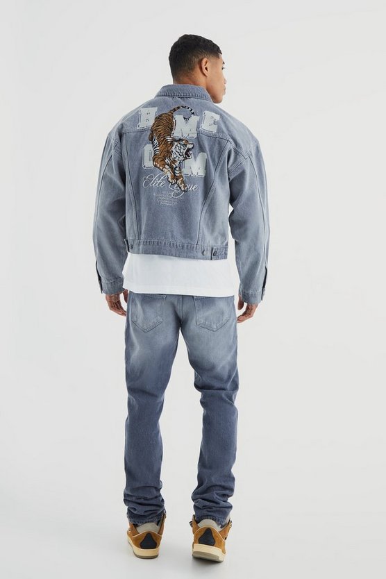 Kastige Jeansjacke mit Tiger-Applikation