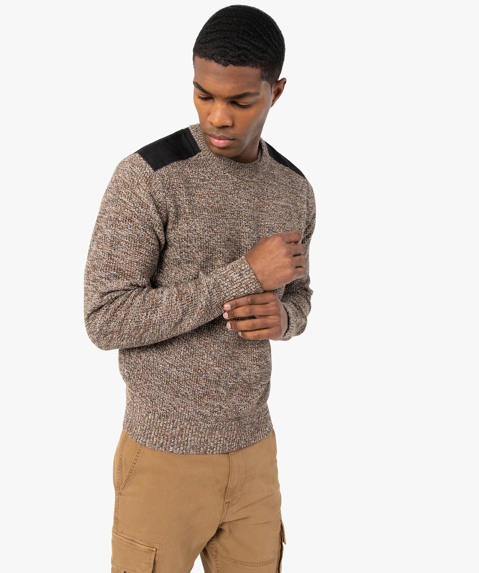 Pull homme en maille fantaisie avec patchs aux épaules | GEMO