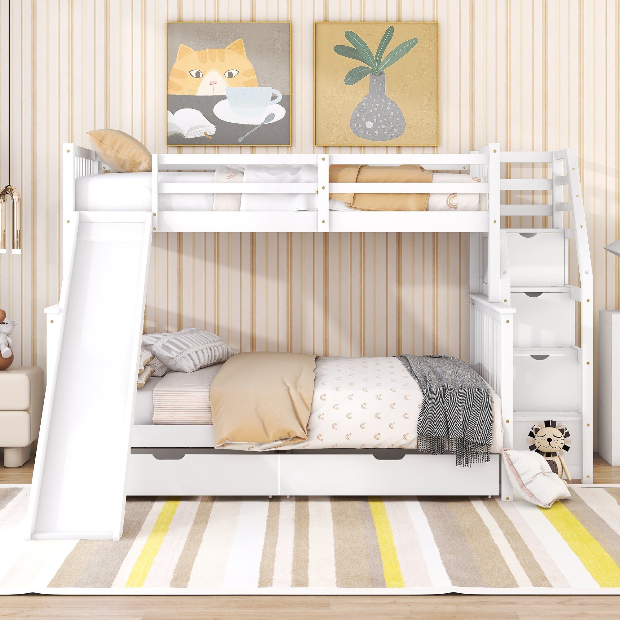 HAUSS SPLOE Kinderbett Etagenbett Holzbett Kinderbett Hochbett Bettrahmen Einzelbett (mit Schubladen, Stauraum und Rutsche, multifunktional, 90 x 200 über 140 x 200), Ohne Matratze