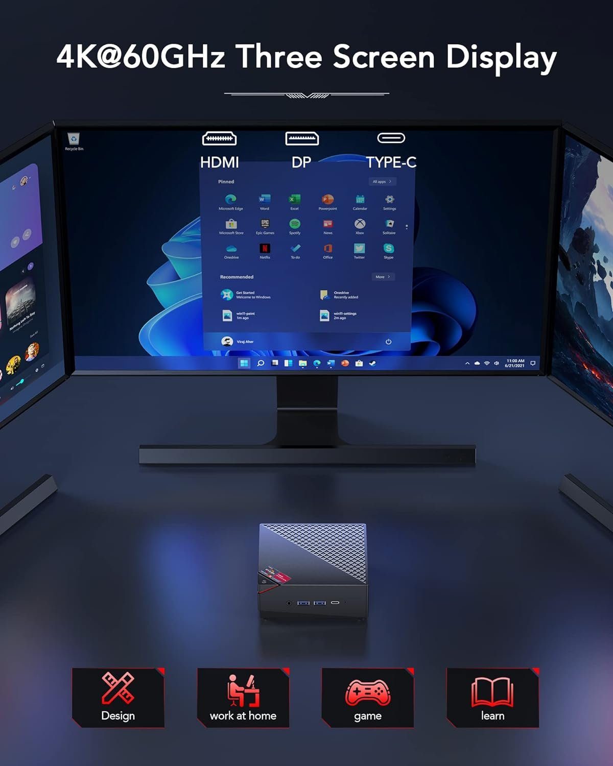 NiPoGi Mini-PC (AMD Ryzen 5 5500U, AMD Radeon 7, 16 GB RAM, 512 GB SSD, Dual Ethernet Ports 4K Triple Display WiFi 5 BT 4.2 /für Spiele/Büro)