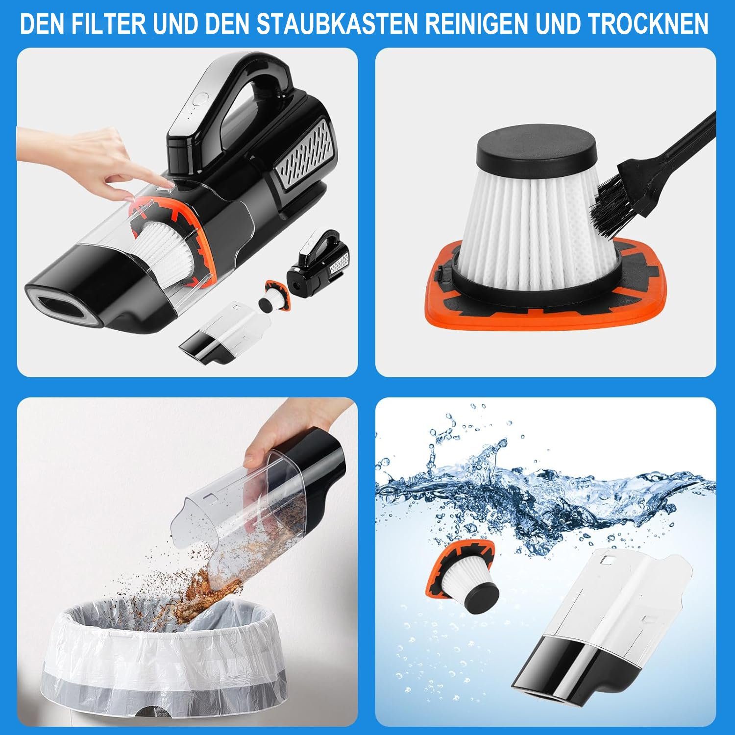 Mutoy Akku-Handstaubsauger Akku-Handstaubsauger,10000Pa Handstaubsauger,Kabellos Autostaubsauger, mit wiederaufladbarer 2000mAh Batterie und Hepa-Filter, 3x2000mAh wiederaufladbare,Nass/Trocken,mit Waschbar HEPA-Filter
