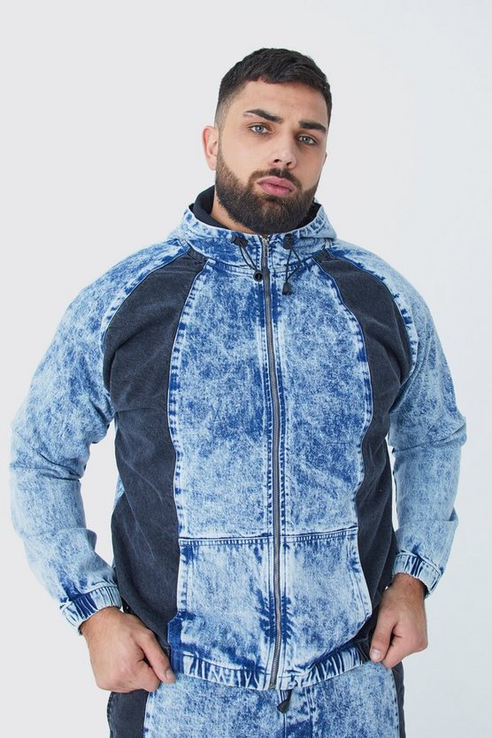 Plus Denim-Hoodie mit Acid-Waschung und Reißverschluss