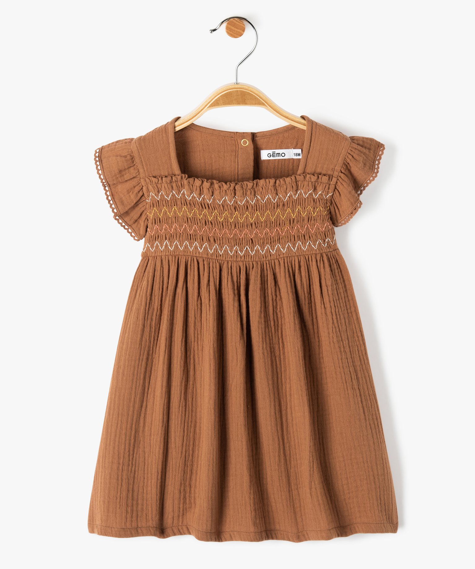 Robe bébé fille en double gaze avec smocks et volants marron | GEMO