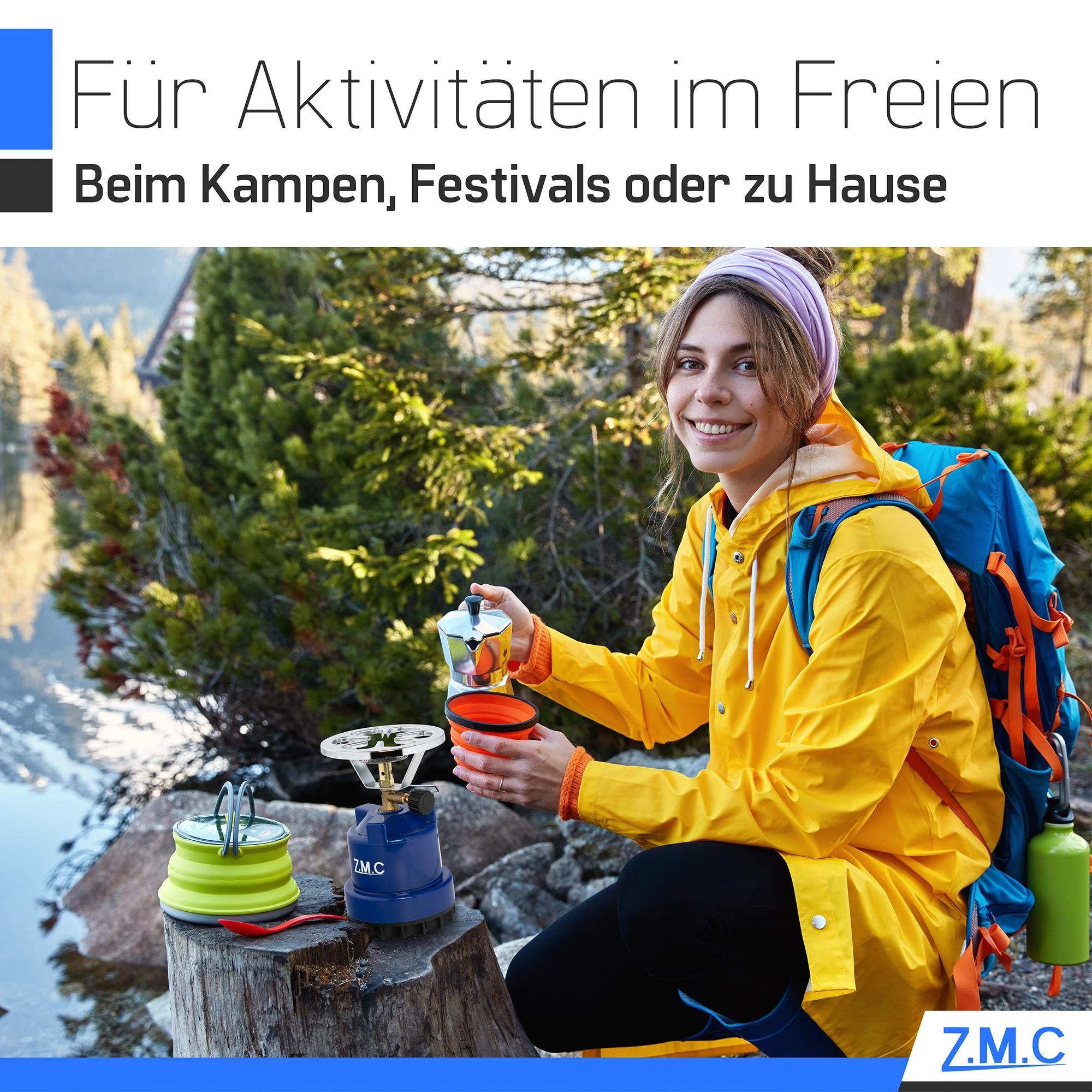 ZMC Gaskocher Campingkocher Gaskocher Shisha Kohleanzünder + 10x Gaskartuschen 190g, (Maximale Temperatur: 1100W / Gewicht: 520g / Butangas), Butangasbrenner Kartuschenkocher Kochfeld für Festivals, Wanderungen