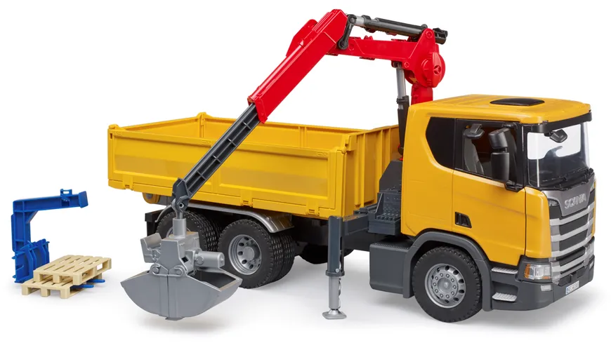 BRUDER - Scania Super 560R Baustellen-LKW mit Kran und 2 Paletten