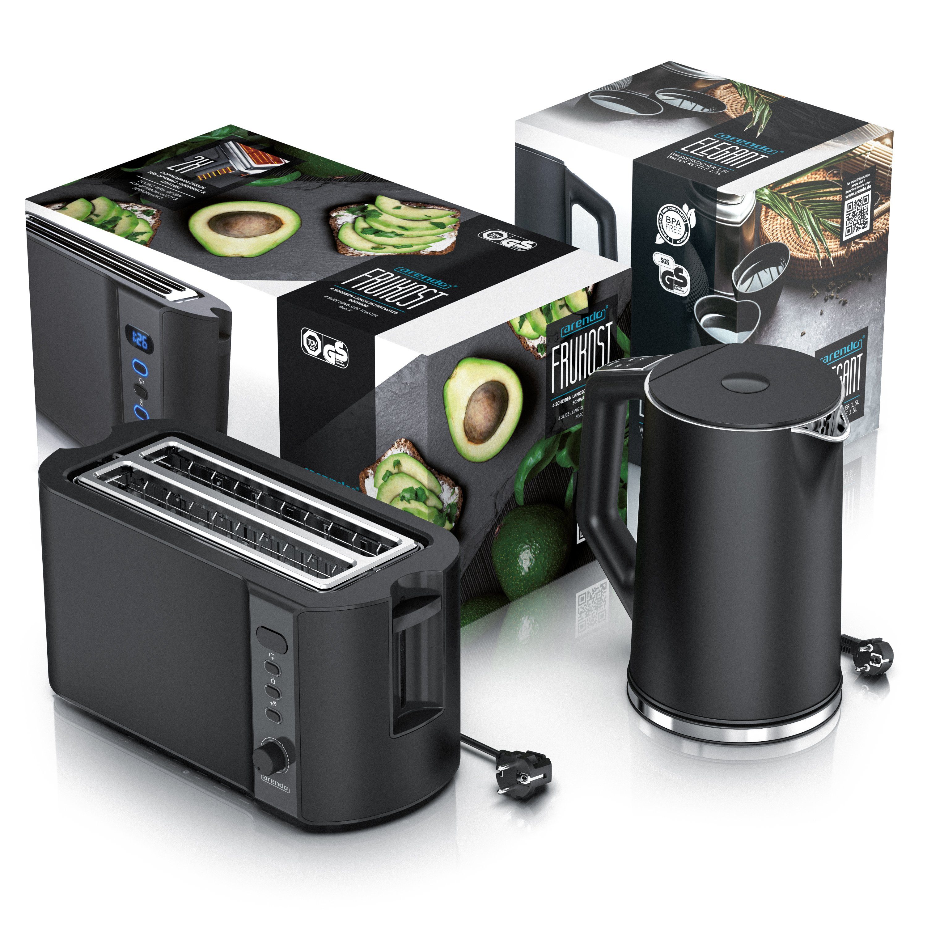 Arendo Frühstücks-Set (2-tlg), Edelstahl Wasserkocher 1,5l, 4-Scheiben Langschlitz Toaster, Schwarz