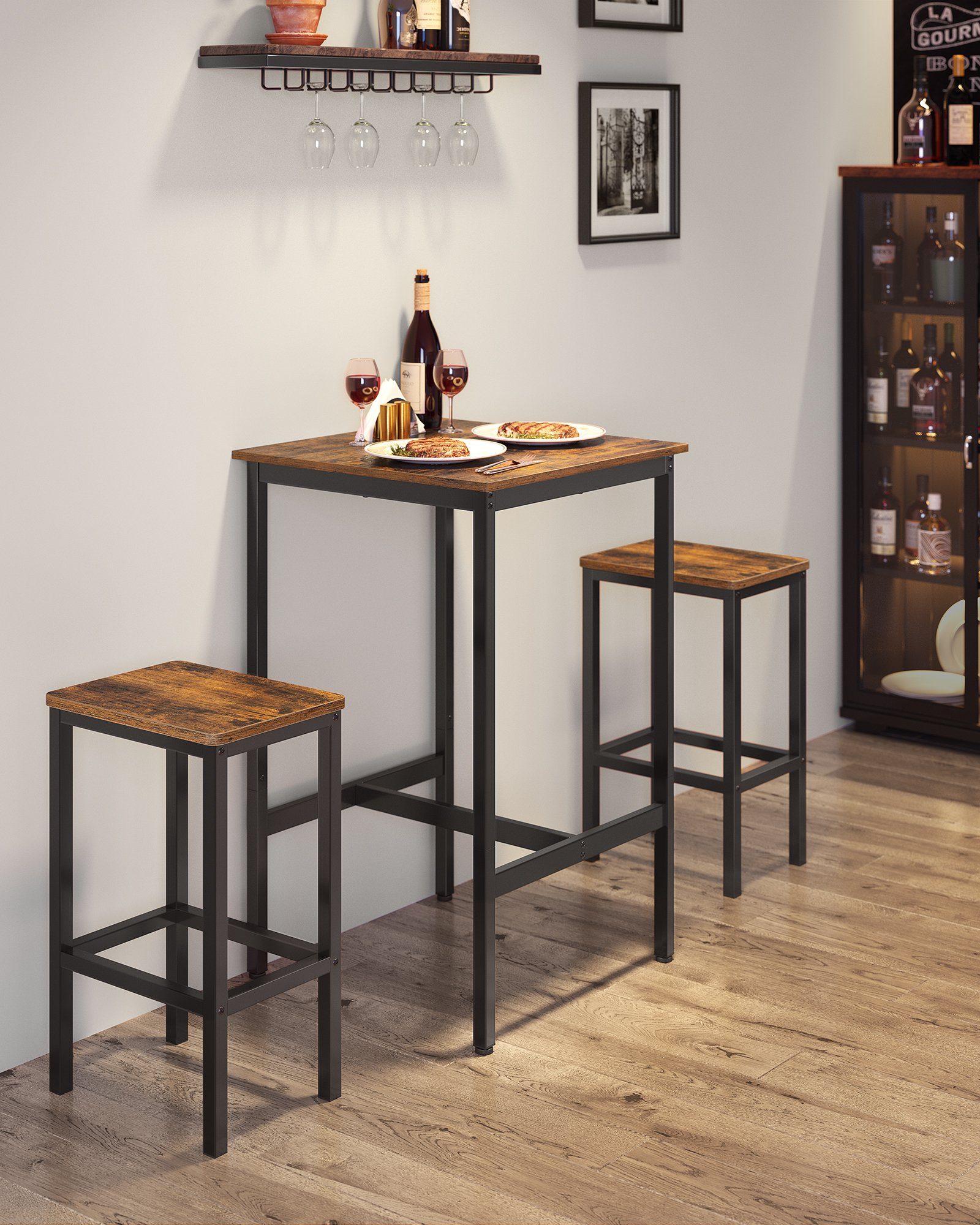 VASAGLE Bartisch Bartisch-Set, Esstisch(60 x 60 x 90 cm) mit 2 Barhochern