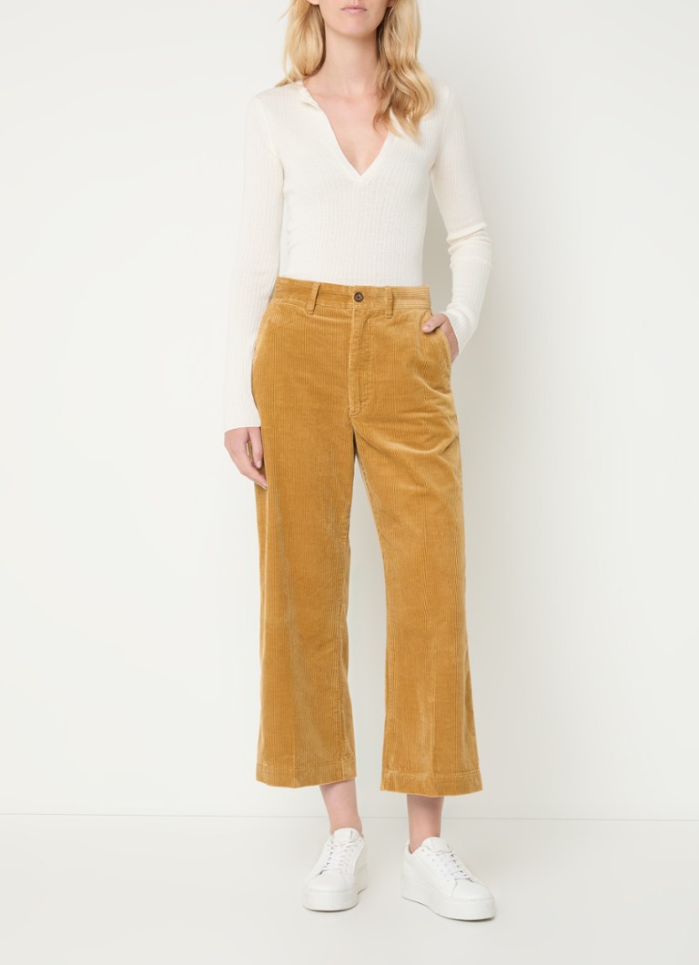 Pantaloni Ralph Lauren din catifea reiată cu talie înaltă, cu buzunare laterale și croială lată pe picioare.