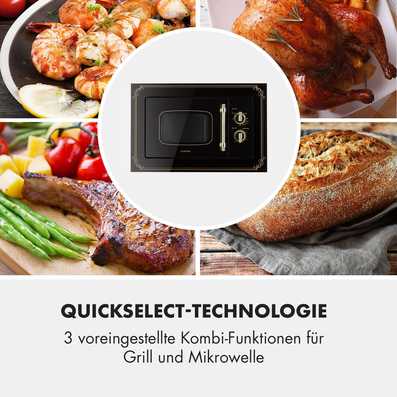Klarstein Mikrowelle Victoria 20 Einbau-Mikrowelle, 20 l, 800 W, Grill: 1000 W, schwarz, Erwärmen, Grillen, Backen, 20 l